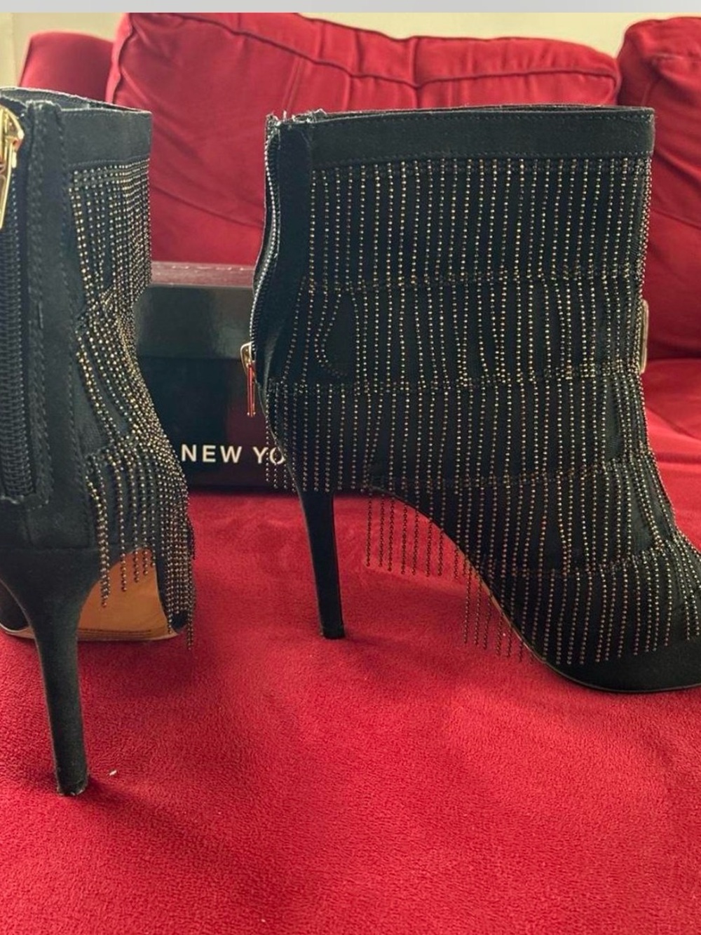 New York & Company Black Suede Fringe Booties with Gold Beading